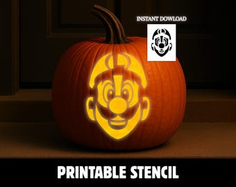 May include: A bright orange pumpkin with a carved glowing design of a character face featuring a mustache and cap. Above the pumpkin is a white square containing a black silhouette of the same character and the text INSTANT DOWLOAD.