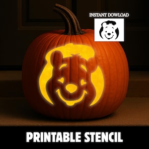 Puede incluir: Una calabaza de color naranja brillante con un diseño tallado de una cara de oso iluminada desde el interior. La imagen incluye un recuadro blanco con el texto INSTANT DOWLOAD y un icono de oso, y el texto PRINTABLE STENCIL en la parte inferior.
