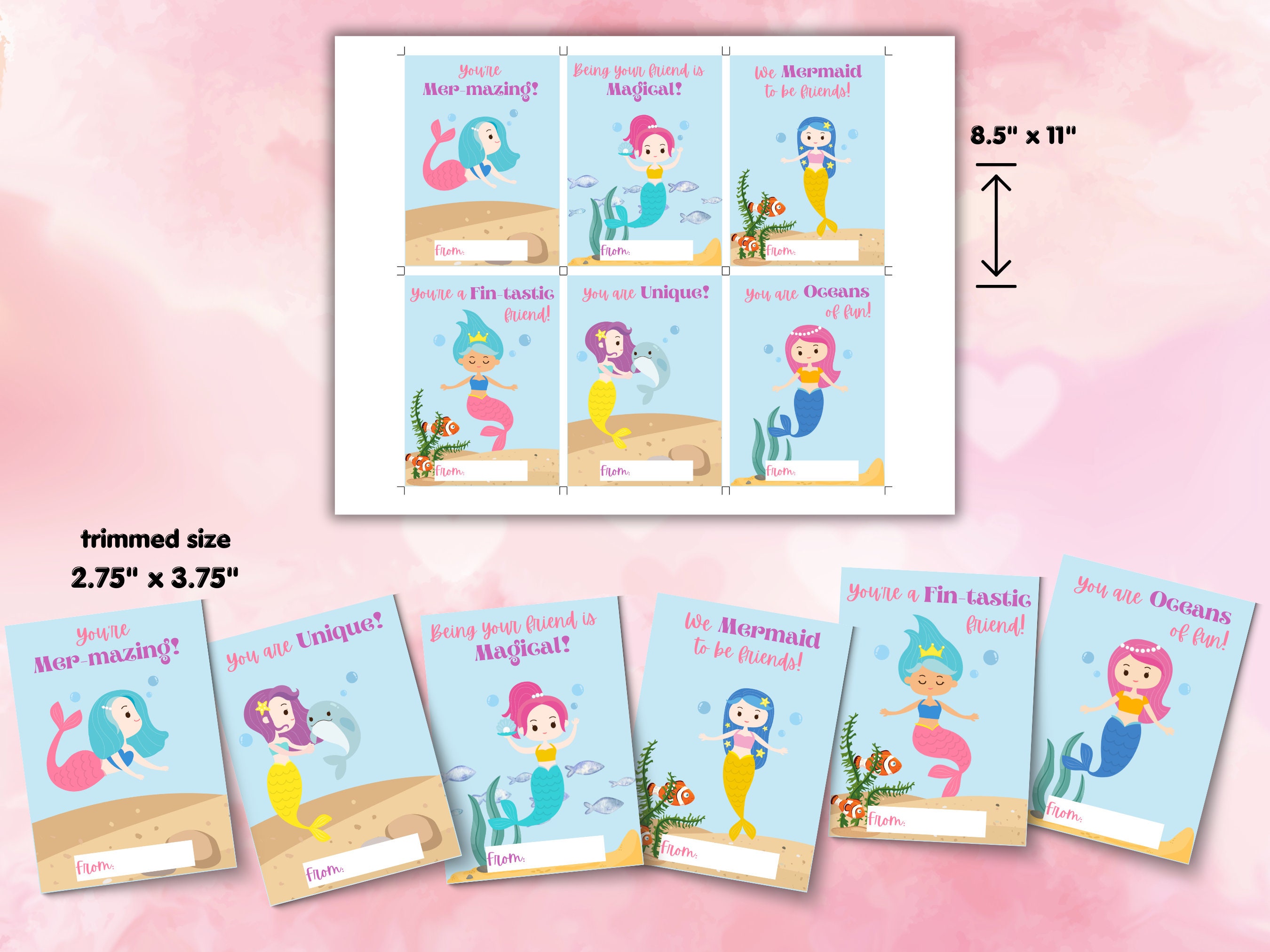 Printable Mermaid Valentines Day Cards, Classroom Valentine's Day Cards ...
