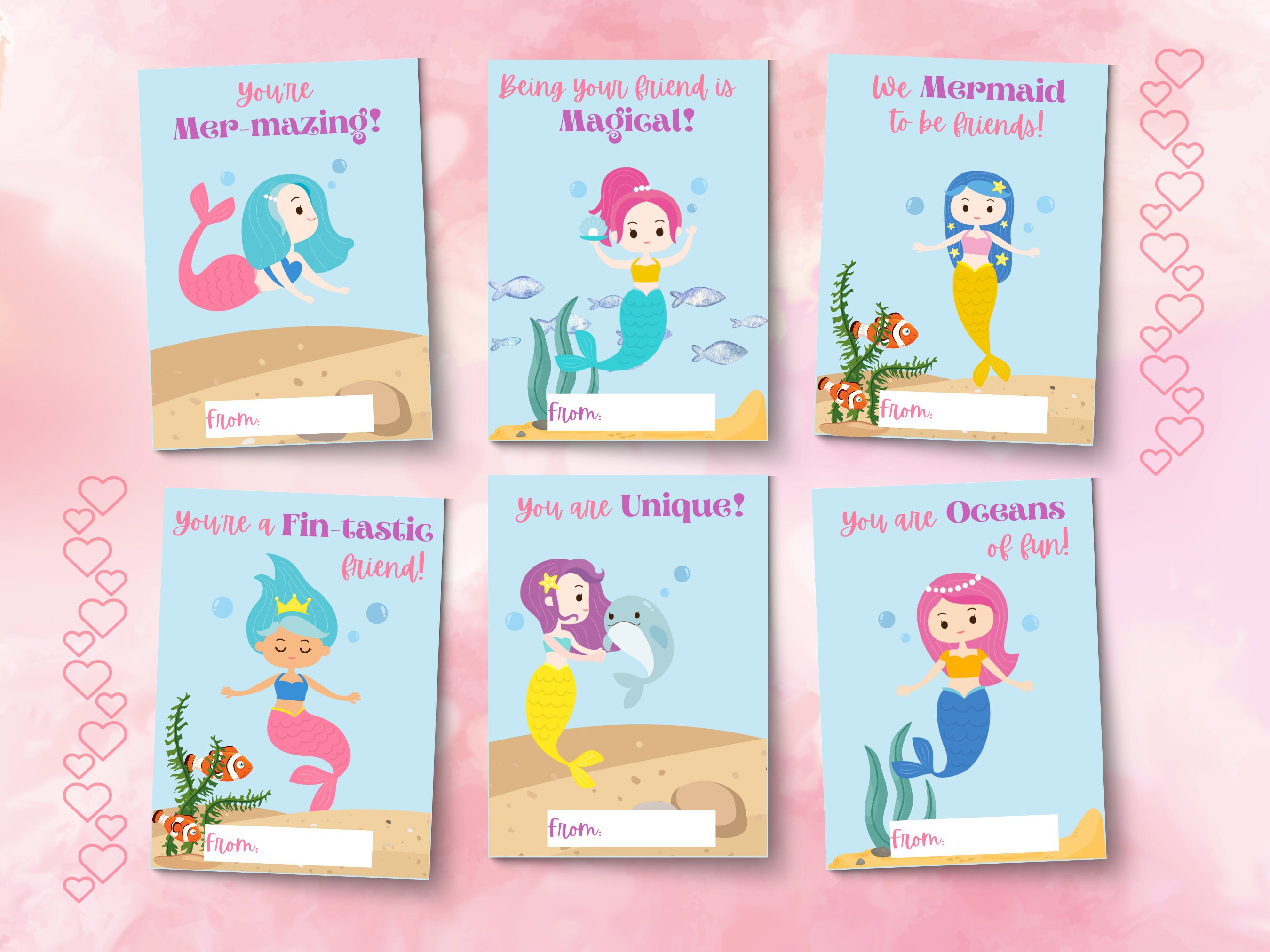 Printable Mermaid Valentines Day Cards, Classroom Valentine's Day Cards ...