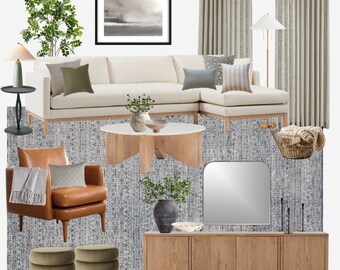 Transitional Coastal Living Room Living Room Design Package E-design Living Room Mood Board ...