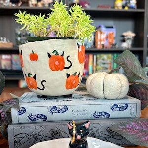 May include: A white ceramic planter with black cat and pumpkin illustrations. The planter is filled with a green succulent plant and sits on top of two books. The top book is titled "Frankenstein" by Mary Shelley.