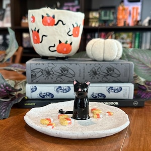 cat jewelry dish - candy corn edition, Halloween dish, ring dish, handmade pottery