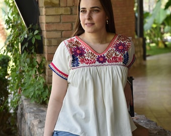 Handmade Floral Embroidered Mexican Blouse - Size S/M