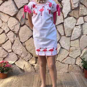 Handmade Cotton Embroidered Flamingo Dress: Mexican Artisan Girl Dress