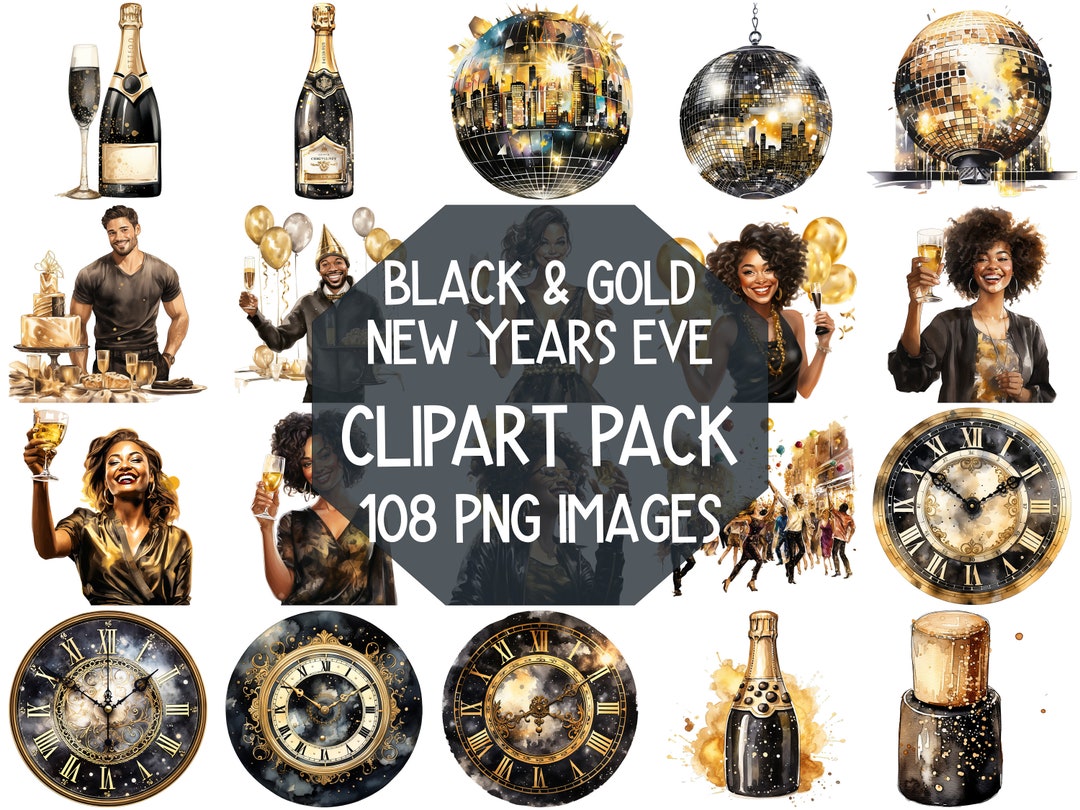 New Years Eve Clipart Set, Black and Gold NYE Clipart, Festive Party