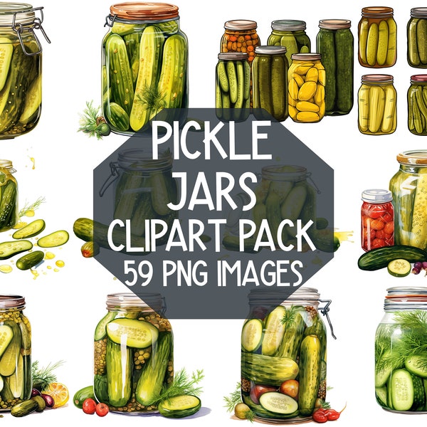 Pickle Jar Watercolor Clipart Bundle - Vibrant Pickles, Cute Mason Jars, Kitchen Illustrations - Digital Download, Foodie Art, Scrapbooking