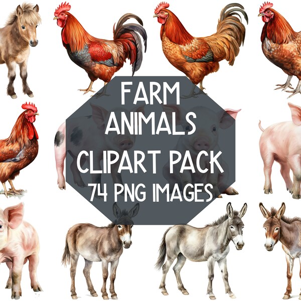 Charming Watercolor Farm Animal Clipart Bundle - Adorable Chickens, Chicks, Horses, Cows, Cats, Dogs, Sheep, and Farm Animals PNG Collection