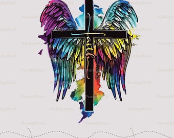 Alas de ángel con cruz de fe PNG / Acuarela arcoíris / Cita inspiradora religiosa cristiana Descarga digital
