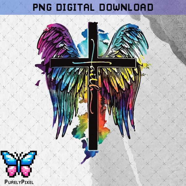 Faith Wings Cross PNG | Colorful Rainbow Religious Angel | Ink Style Religion PNG Sublimation Design for T-shirt sublimation and More