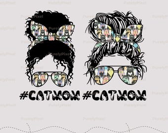 Paquete de 2 moños desordenados PNG para mamá gata, diadema con gafas para amantes de los gatos, sublimación para mamá mascota, regalo para mamá peluda, amante de los gatitos