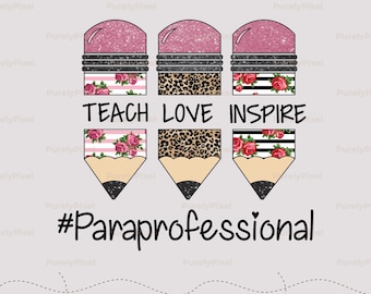 Paraprofesional PNG / Lápices para enseñar, amar e inspirar / Ayudante de profesor con estampado floral de leopardo rosa brillante, descarga digital
