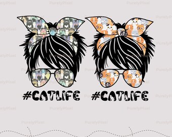Paquete de 2 PNG de gato de pelo corto, gafas con lazo para amantes de los gatos, sublimación para mamás de mascotas, regalo para amantes de los gatitos, mamá felina