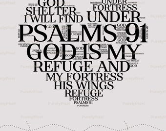 Salmo 91 Word Art PNG / Tipografia in bianco e nero / Download digitale a sublimazione