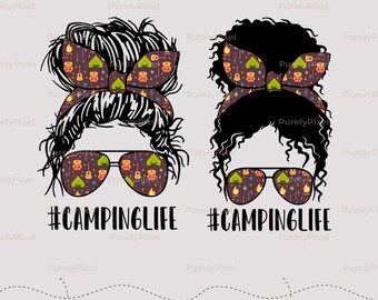 Paquete de 2 PNG de moño desordenado para acampar, para fogatas en tiendas de campaña y aventuras al aire libre, sublimación de campista feliz, regalo para autocaravana