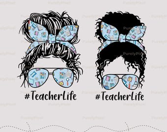 Paquete de 2 PNG de moño desordenado para maestros, gafas para útiles escolares, sublimación de regreso a clases, agradecimiento a los maestros