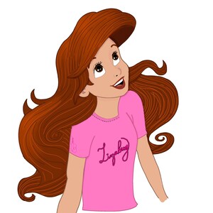 May include: A cartoon illustration of a girl with long, wavy, auburn hair wearing a pink t-shirt with the word "Ladybug" written in pink on the front.