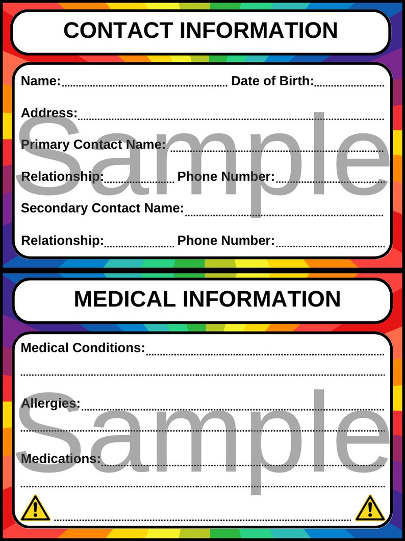 Contact Information Card Medical Alert Card Printable Etsy