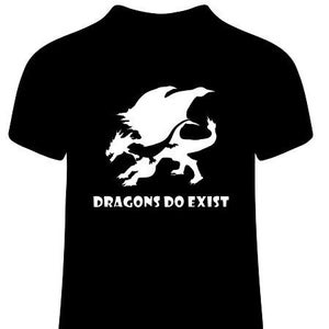 May include: Black t-shirt with a white silhouette of a dragon and the text "Dragons Do Exist".