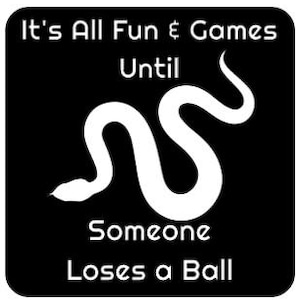 May include: Black square with white text and a white snake illustration. The text reads "It's All Fun & Games Until Someone Loses a Ball."