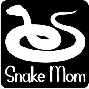 May include: Black and white graphic of a snake curled up in a circle with the text "Snake Mom" below it.