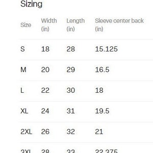 May include: Sizing chart for a shirt, showing width, length, and sleeve center back measurements in inches for sizes S through 3XL.