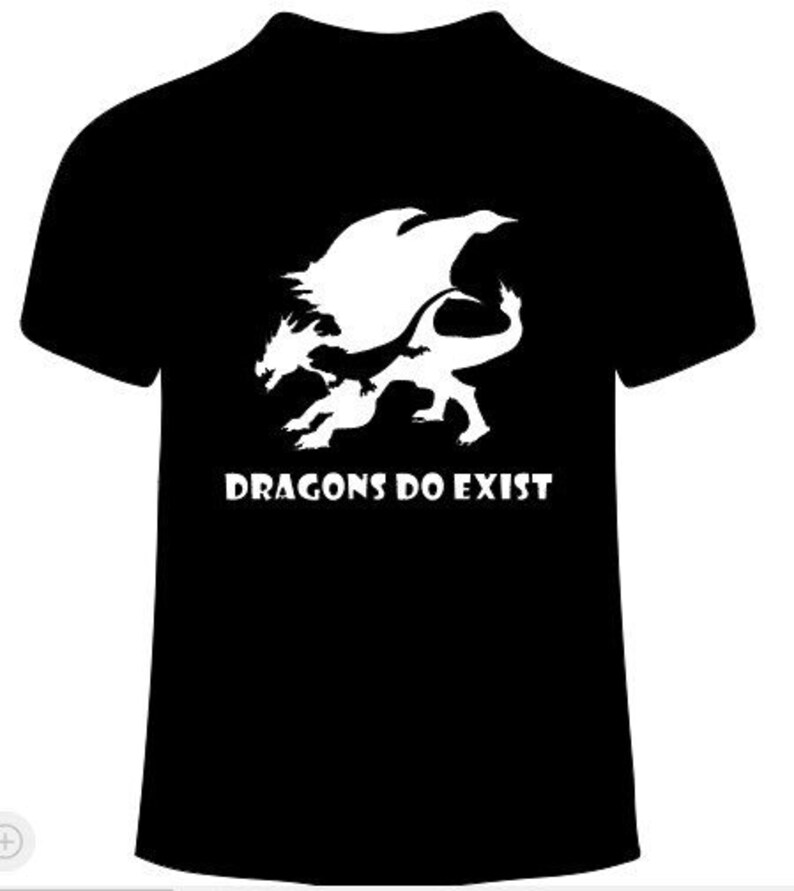 May include: Black t-shirt with a white silhouette of a dragon and the text "Dragons Do Exist".