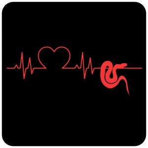 May include: Red heart and snake silhouette on a black background with a red heartbeat line.