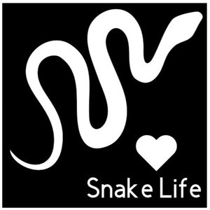 May include: A white snake with a heart shape below it and the text "Snake Life" in white letters on a black background.