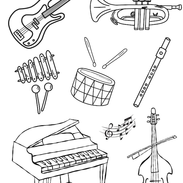 Musical Instrument Coloring Page - Use at Home or School - Music Coloring page for Kids - Guitar, Violin, Piano, Drum & More