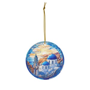 Santorini, Greece, blue domed churches, Travel Print Ceramic Ornament, Christmas Decor, Christmas Travel Décor, Christmas Tree Decor