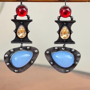 Vintage Artisan Bohemian Statement Earrings Oxidized Silver with Mixed Stones Unique Handmade Jewelry