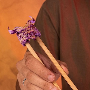 May include: A person uses chopsticks to hold a piece of sushi with salmon and rice. The sushi is wrapped in seaweed and is being held over a white surface.