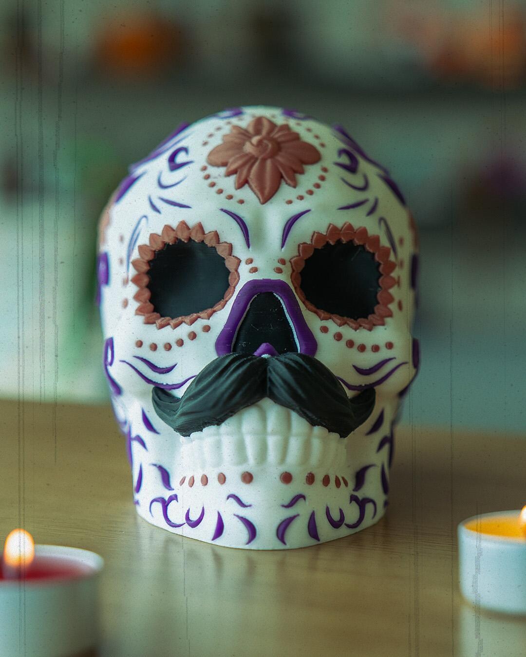 Ornate Calavera Skull With Mustache - 13 Cm Tall 3D Printed Day of