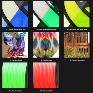 May include: A collection of 3D printed objects and filament spools. The objects include a rainbow pagoda, a dragon, a metal sculpture, a steampunk city, and a unicorn. The filament spools are in various colors, including red, blue, green, yellow, and rainbow.