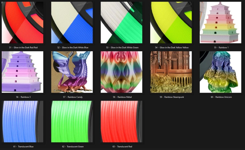 May include: A collection of 3D printed objects and filament spools. The objects include a rainbow pagoda, a dragon, a metal sculpture, a steampunk city, and a unicorn. The filament spools are in various colors, including red, blue, green, yellow, and rainbow.
