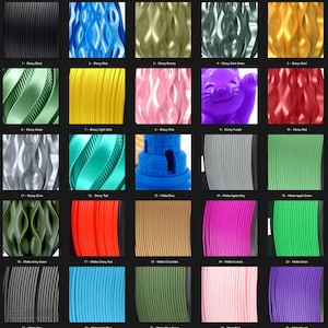 May include: A collection of 25 filament spools in various colors, including black, blue, bronze, dark green, gold, green, light gold, pink, purple, red, silver, teal, agate grey, apple green, army green, cherry red, chocolate, fuchsia, grey, light blue, olive green, pink, and purple. Each spool is labeled with a number and a description of the color and finish, such as 'Glossy Black' or 'Matte Cherry Red.'