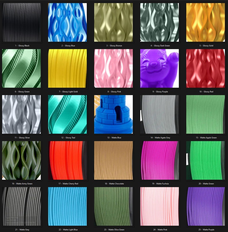 May include: A collection of 25 filament spools in various colors, including black, blue, bronze, dark green, gold, green, light gold, pink, purple, red, silver, teal, agate grey, apple green, army green, cherry red, chocolate, fuchsia, grey, light blue, olive green, pink, and purple. Each spool is labeled with a number and a description of the color and finish, such as 'Glossy Black' or 'Matte Cherry Red.'