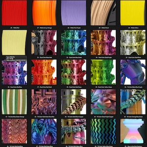 May include: A collage of 50 different 3D printed objects showcasing various color combinations and finishes. The objects are printed in a variety of colors including red, orange, purple, wood, yellow, black, blue, green, gold, silver, copper, and rainbow. The objects are arranged in a grid pattern and are labeled with their corresponding color combinations. The image is a visual representation of the different color options available for 3D printing.