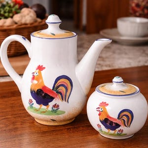 HEREND Hungary Village Pottery Handpainted Rooster Coffee Pot & Sugar Dish RARE