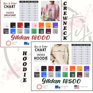 Op de afbeelding: Afbeelding toont maat- en kleurentabellen voor unisex sweatshirts en hoodies, inclusief borst- en lengtematen in inches. Verschillende kleuropties worden weergegeven. De tekst "Gildan 18000" en "Gildan 18500" zijn zichtbaar.