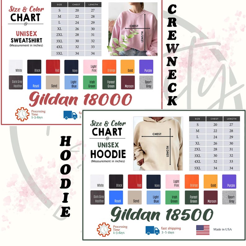 Op de afbeelding: Afbeelding toont maat- en kleurentabellen voor unisex sweatshirts en hoodies, inclusief borst- en lengtematen in inches. Verschillende kleuropties worden weergegeven. De tekst "Gildan 18000" en "Gildan 18500" zijn zichtbaar.