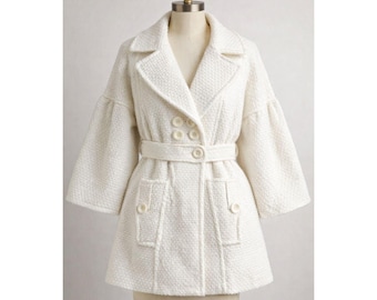 AB Studio White Textured Coat Size 12 | Belted Button Front | Parisian Chic 2026