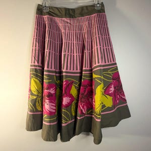 Vintage Anthropologie Floral Mixed Print Cotton A-Line Midi Skirt Olive Pink 2 image 2