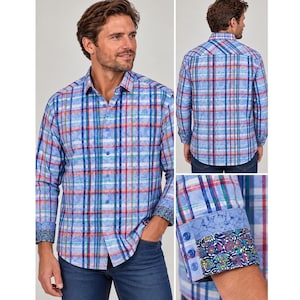 Camisa de manga larga con botones y estampado jacquard de calaveras a cuadros azules para hombre Robert Graham, talla grande