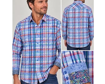 Robert Graham Mens Blue Plaid Skull Jacquard Long Sleeve Button Down Shirt Large