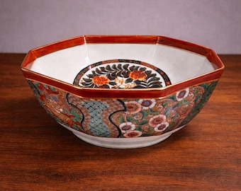 Vintage Saji Japan Imari Octagonal Bowl: Red Gold Floral Chinoiserie Serving Dish