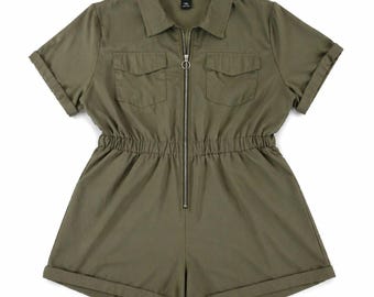 Olive Green Utility Romper 1XL Zip Front Elastic Waist Shorts Safari Core