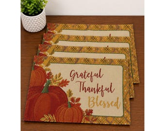 Grateful Thankful Blessed Pumpkin Tapestry Placemats Set of 4 Fall Harvest Decor