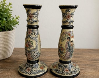 Vintage Satsuma-stijl craquelé glazuur keramische kandelaars bloemen geisha decor